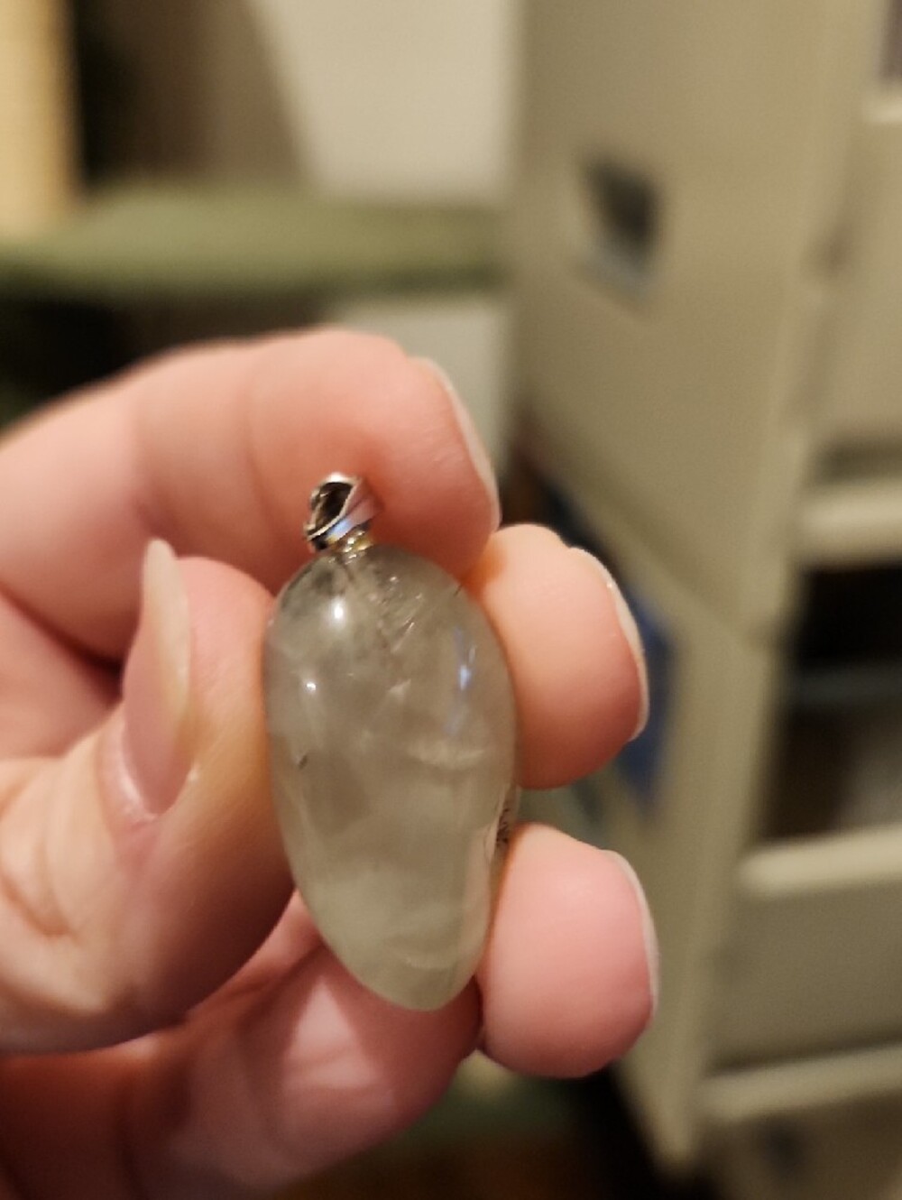 Tumbled Pale Green Prehnite with Tourmaline and Small Epidot Inclusions Pendant - Picture 3 of 7